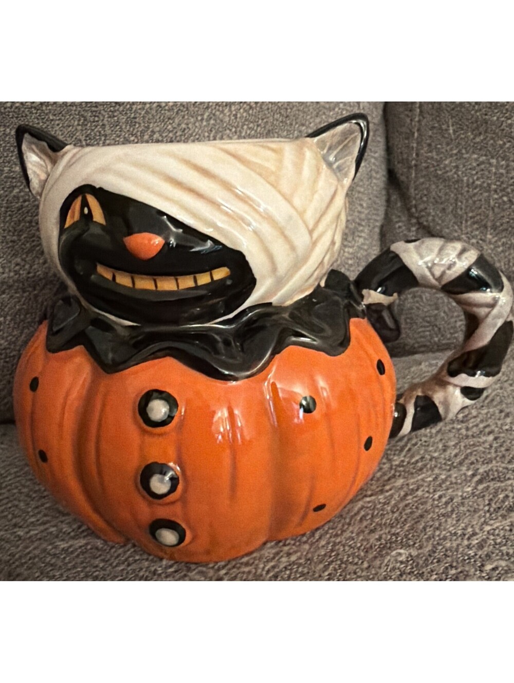 Johanna Parker Halloween Mummy Cat Pumpkin Figural Ceramic Coffee Mug Transpac